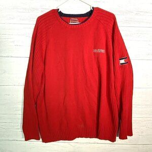 Vintage Y2K Tommy Hilfiger Red Sweater Ribbed Arms Back Flag Logo